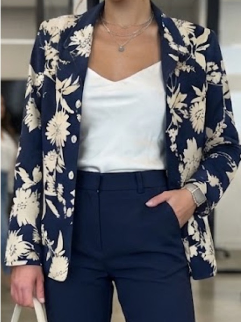 Liz Claiborne Vintage Silk Linen Floral Blazer Navy Ivory Size 10